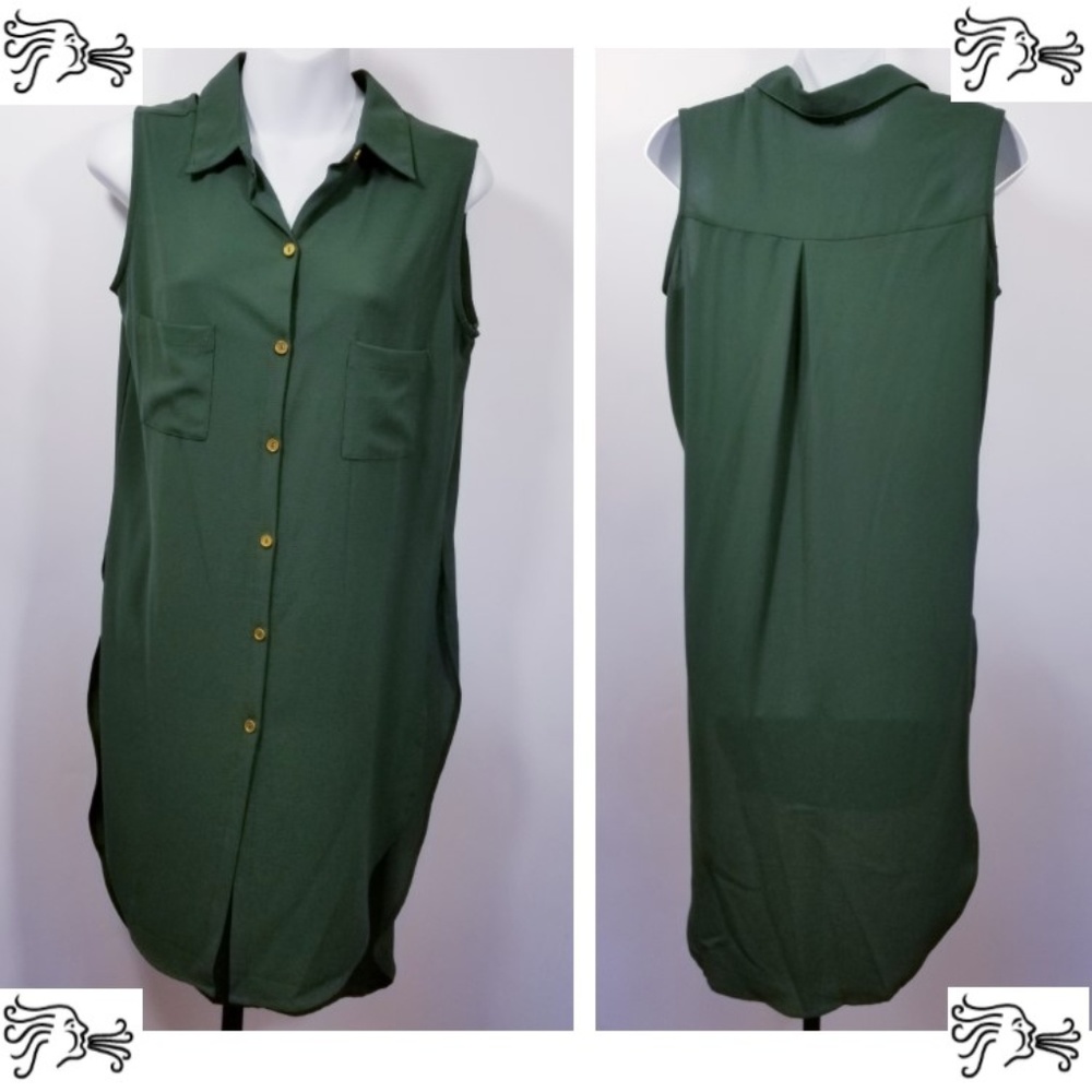 Button Sleeveless Shirt Tunic Hi Lo Olive Green
